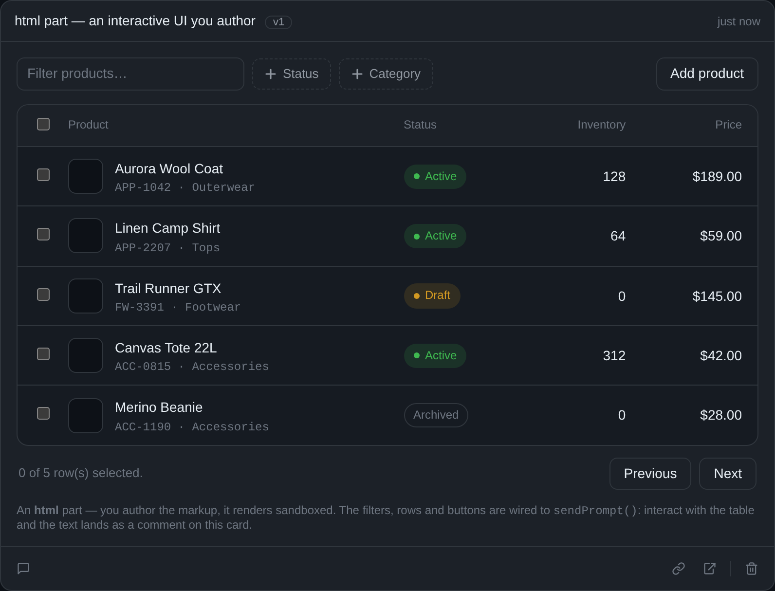 An interactive products-table UI, authored and published live by an agent