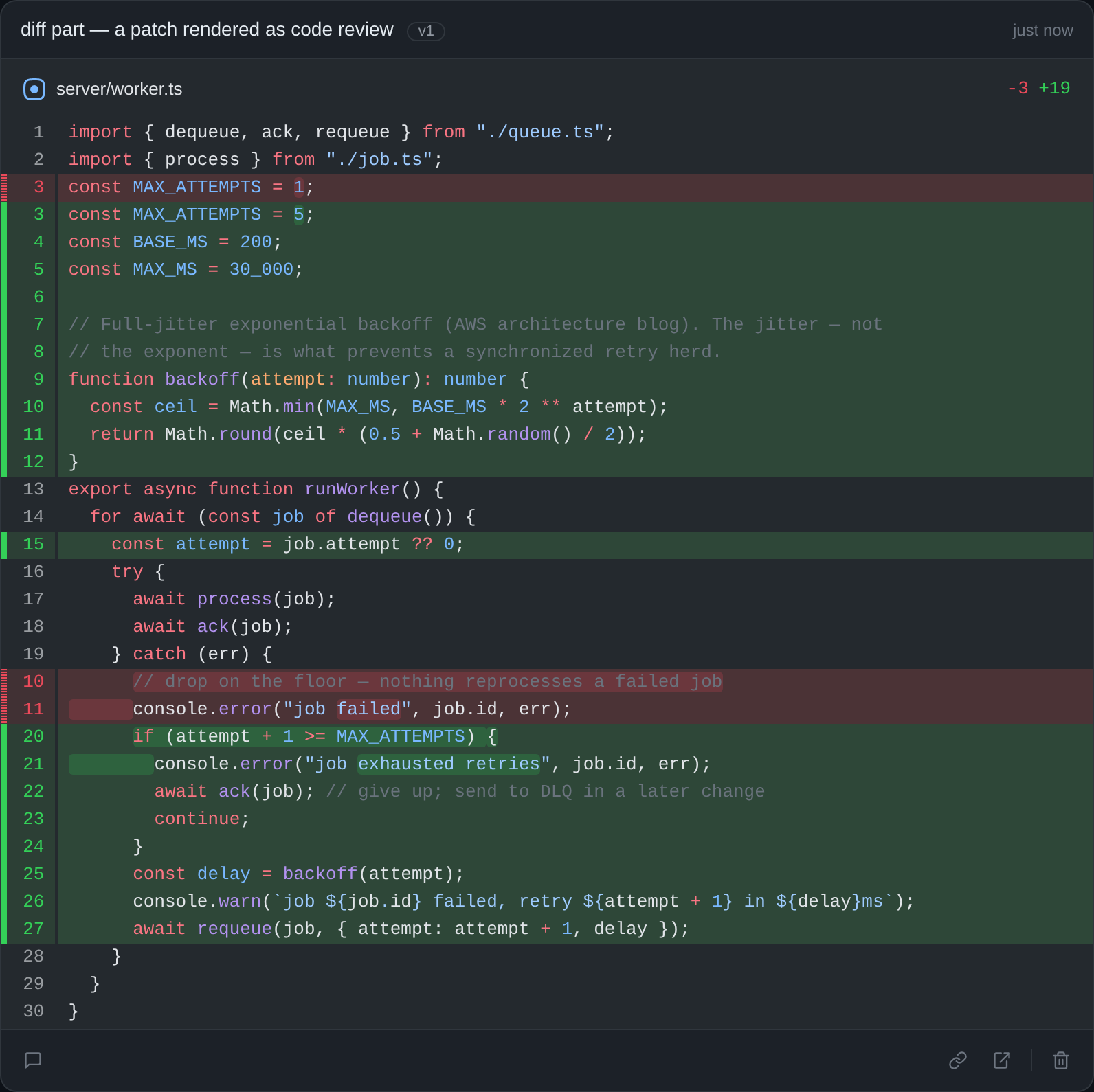 A patch rendered as a code review